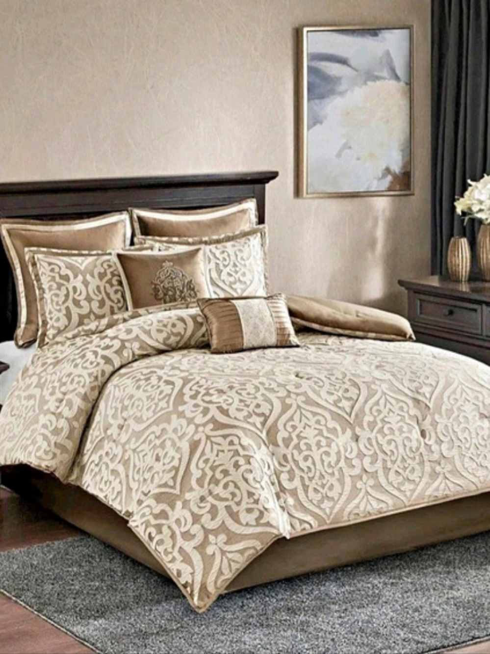 Madison Park Odette 8-Piece King Comforter Set Tan and Ivory Textured Jacquard
